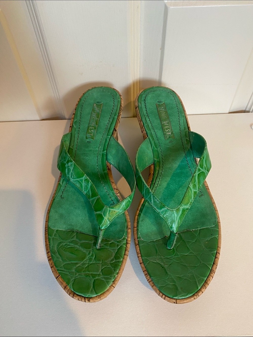 Nine West Green Croc-Embossed Thong Sandals